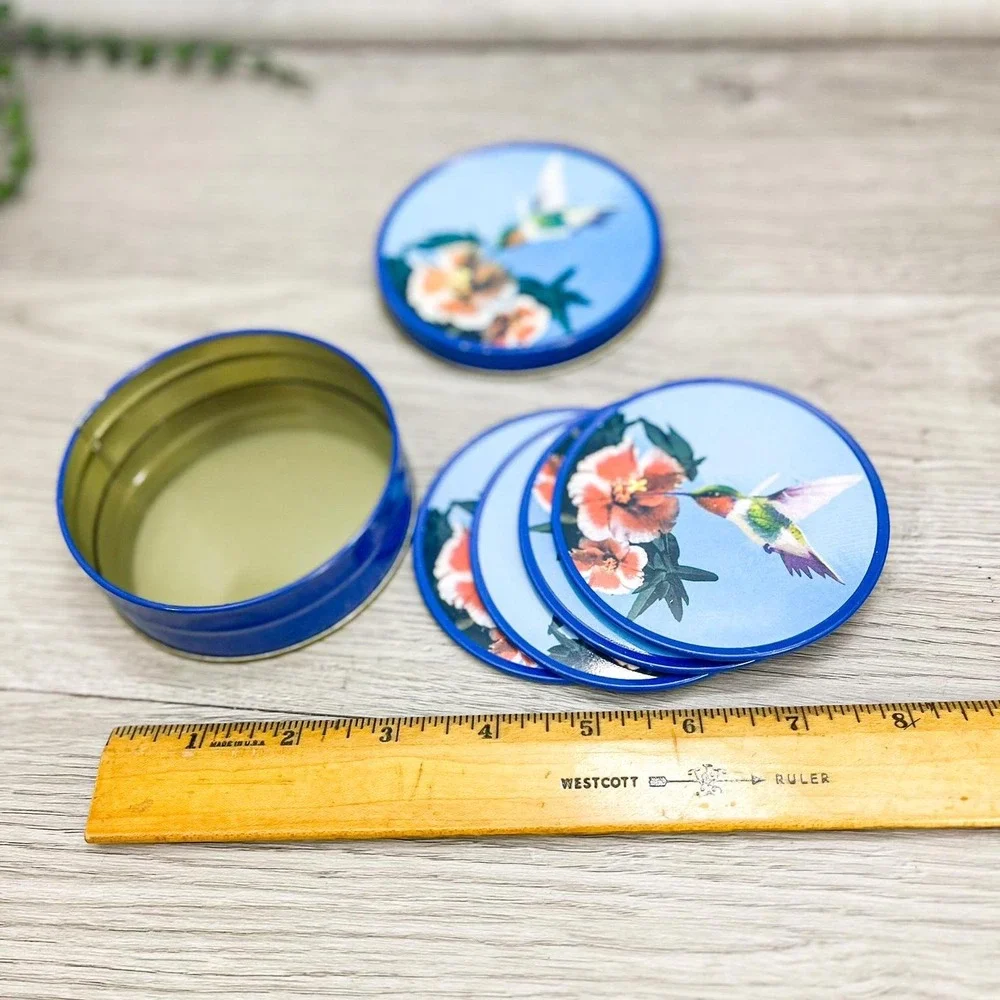 Vintage Hummingbird Coaster Tin, Set of 4 Coasters‎ Metal and Cork